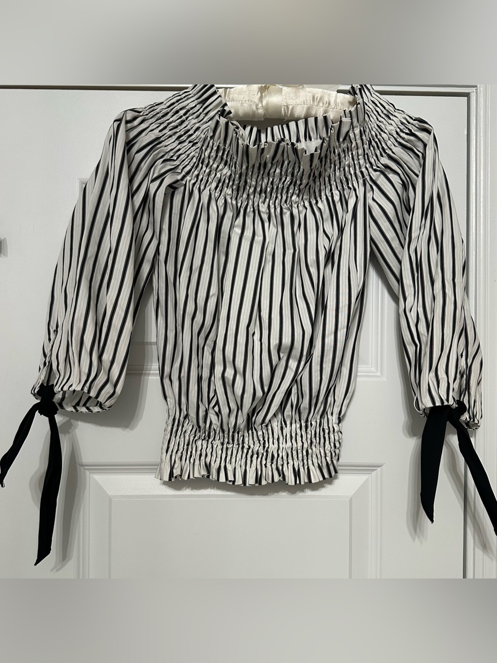 Caroline Constas Black and White Smocked Off-Shoulder Crop Top Size Small NWT